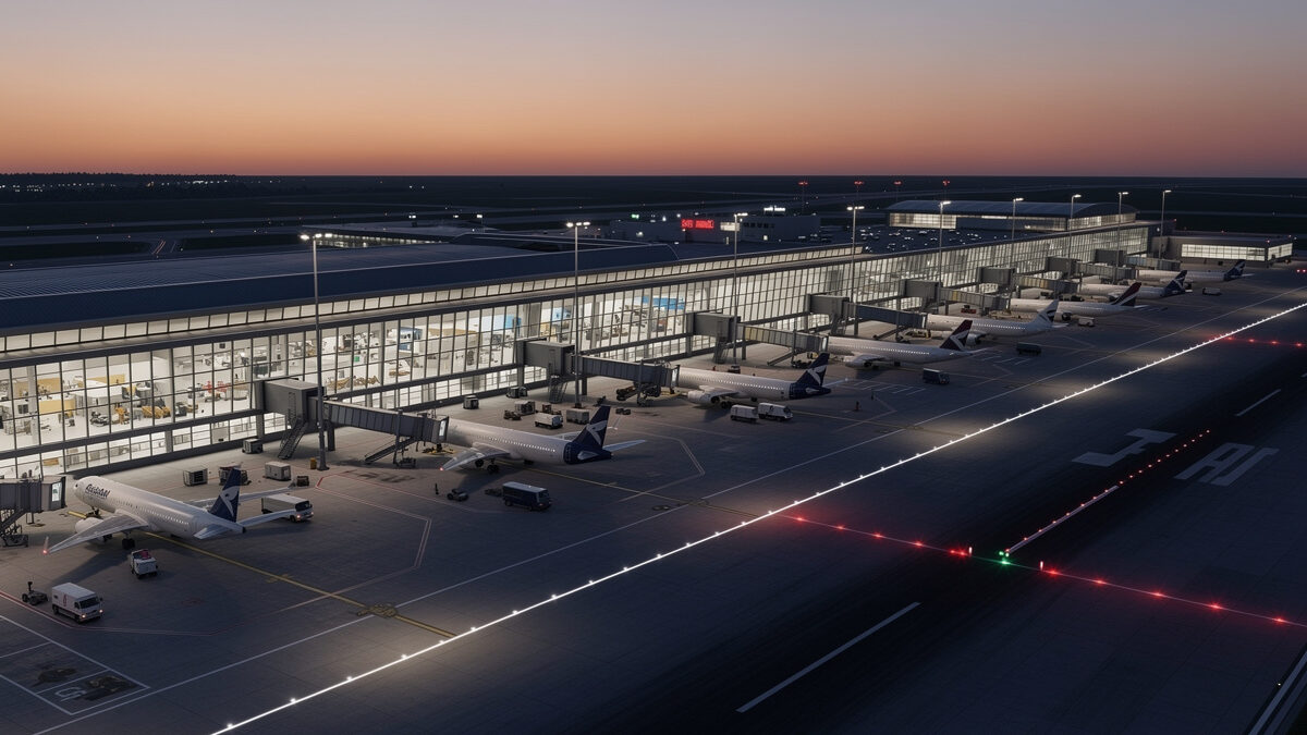 Free community airport in MSFS 2024 at dusk with terminal and runway lighting