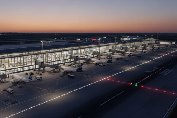 Free community airport in MSFS 2024 at dusk with terminal and runway lighting