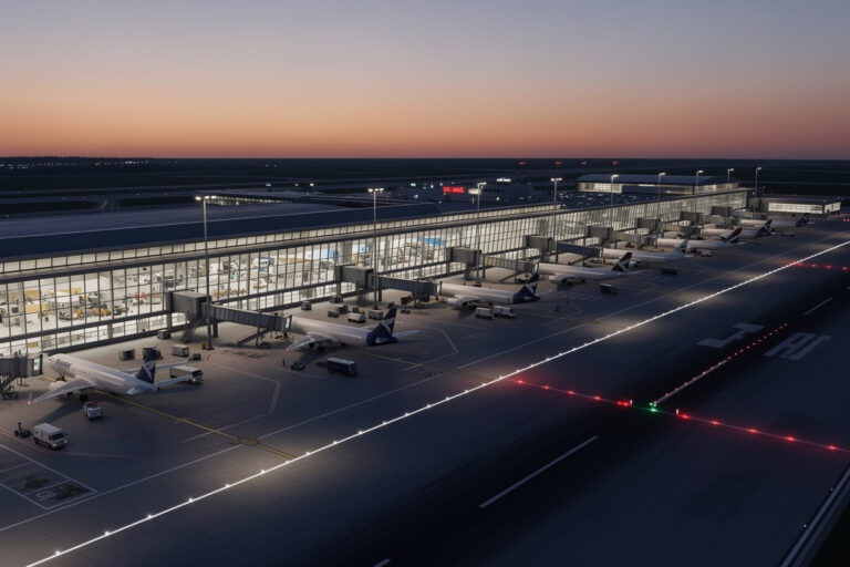Free community airport in MSFS 2024 at dusk with terminal and runway lighting