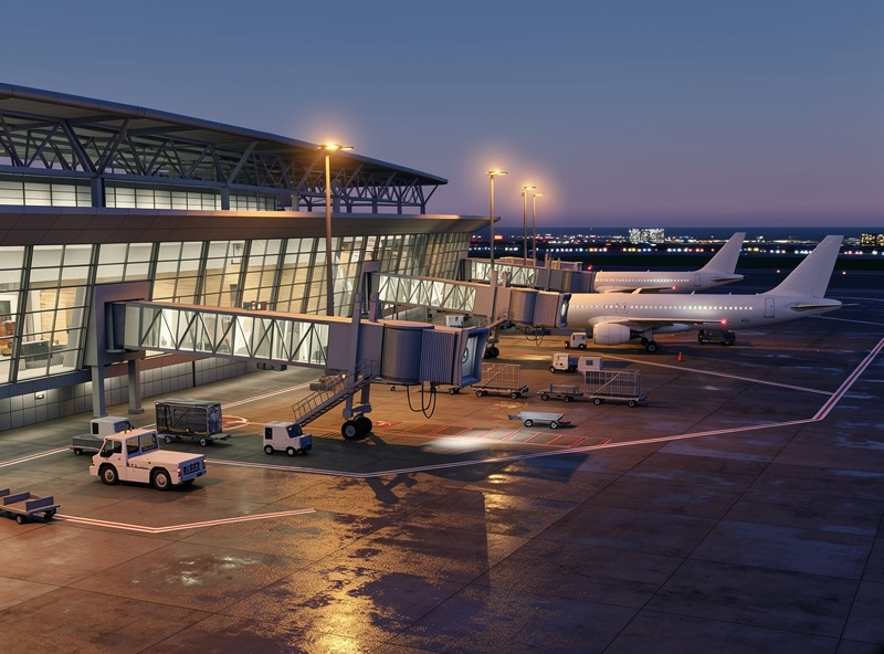 Detailed freeware airport terminal in MSFS 2024 with custom buildings and ramp detail at dusk