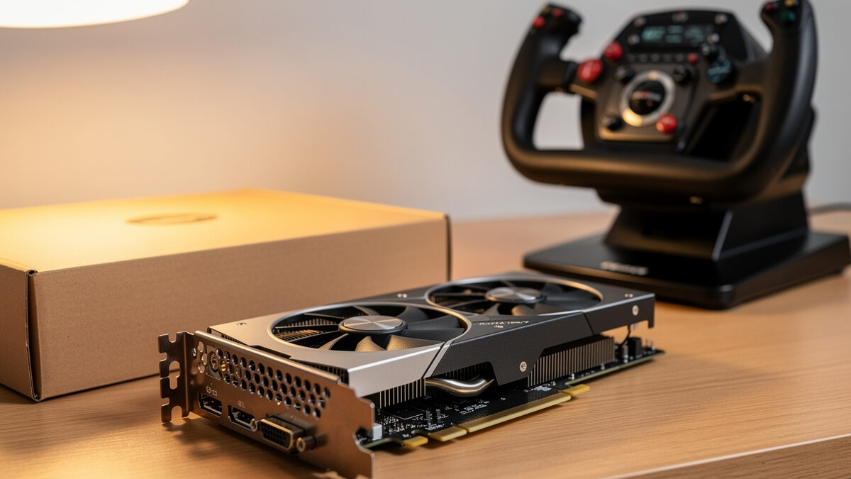 High-end graphics card on a desk beside a flight sim yoke and throttle quadrant