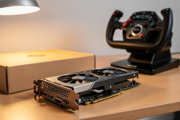 High-end graphics card on a desk beside a flight sim yoke and throttle quadrant