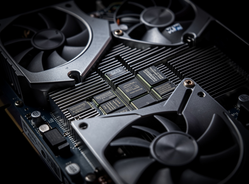 Close-up of a graphics card cooler and GDDR memory chips on the PCB