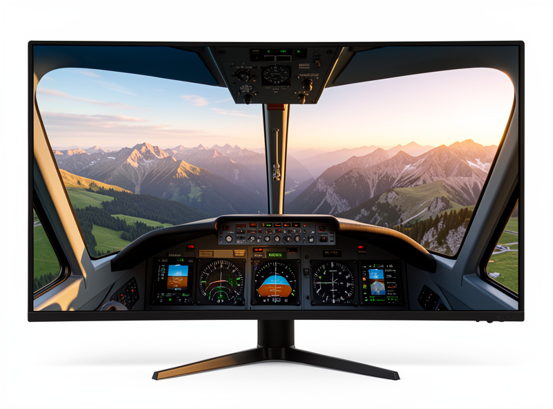 Ultrawide monitor showing a detailed flight simulator cockpit view over mountains at golden hour