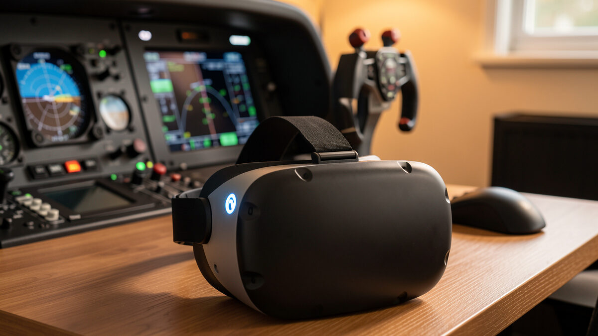 Modern VR headset on a flight sim desk in front of a yoke and throttle