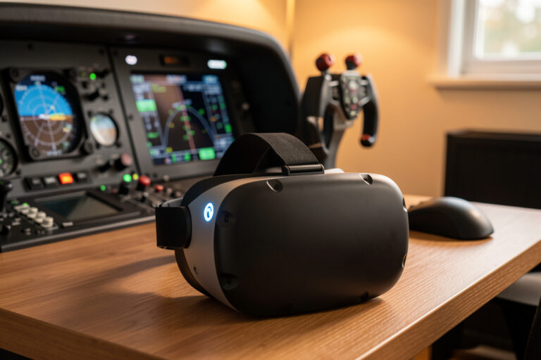 Modern VR headset on a flight sim desk in front of a yoke and throttle