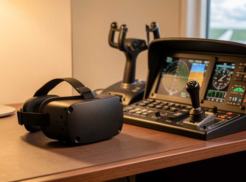 A VR headset resting on a flight sim desk in front of a yoke and throttle quadrant