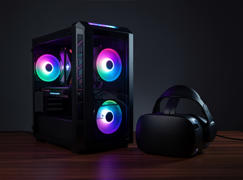 A flight sim PC tower beside a VR headset, illustrating GPU pairing for VR flight sim