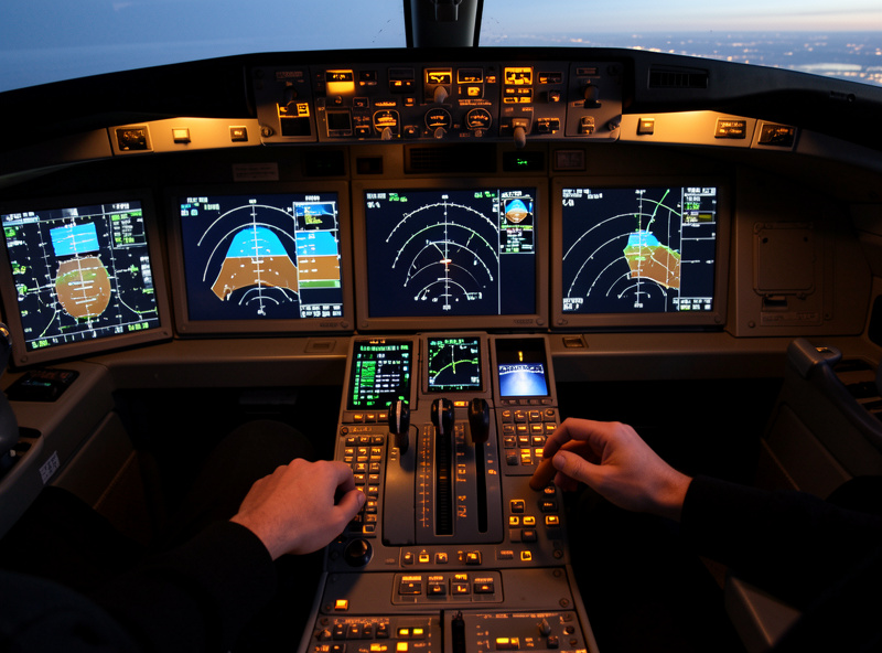 Home flight deck during an airliner flight with the throttle quadrant and autopilot panel in use