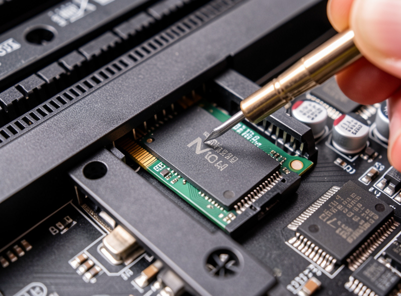 NVMe M.2 SSD being installed into a motherboard slot with a small screwdriver