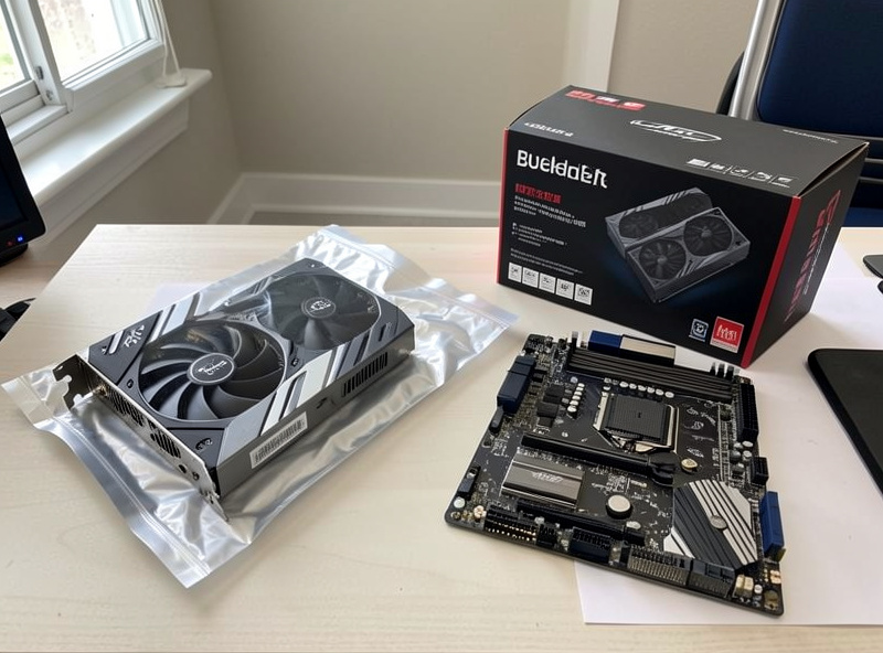 Mid-range graphics card on its anti-static bag beside a budget motherboard and CPU box