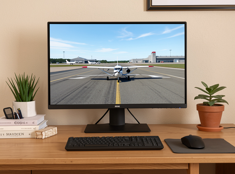 1080p monitor showing a flight simulator small aircraft on a regional airport runway