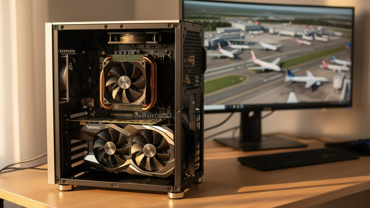 Flight sim PC with side panel off showing CPU cooler and graphics card together