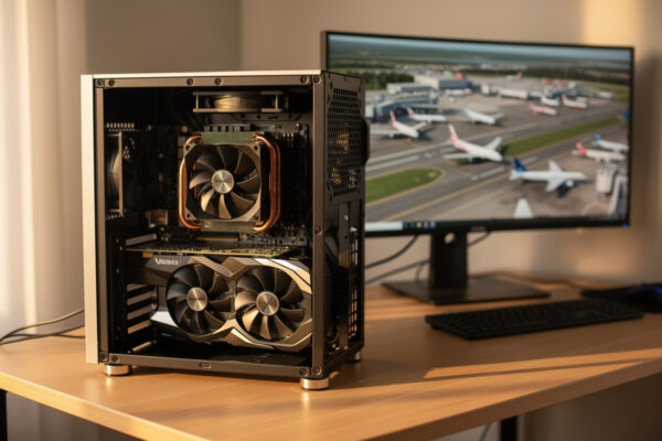 Flight sim PC with side panel off showing CPU cooler and graphics card together