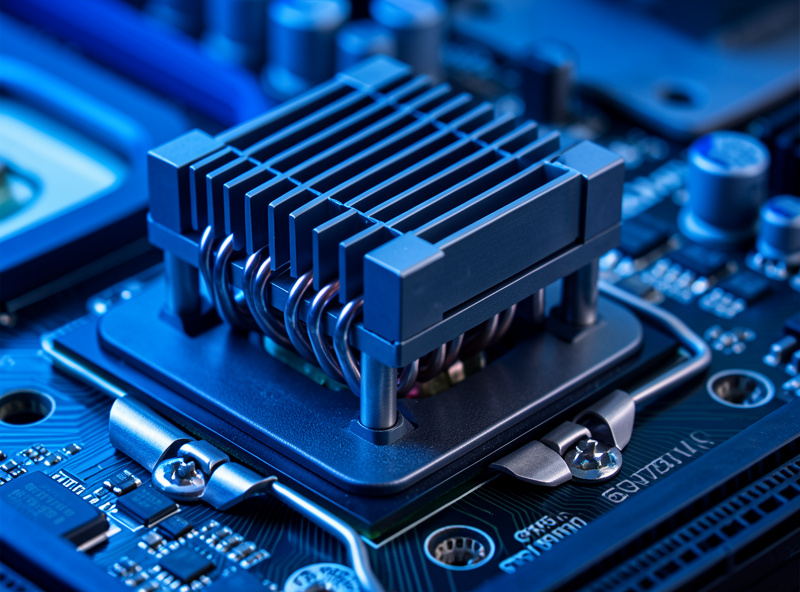 CPU cooler mounted on a processor on a motherboard with visible heat pipes