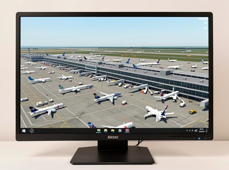 Flight simulator monitor showing a crowded major airport with many aircraft and a detailed terminal