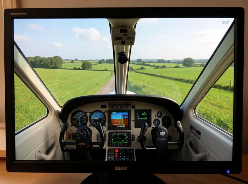 Flight simulator monitor showing a light aircraft cockpit view over green countryside