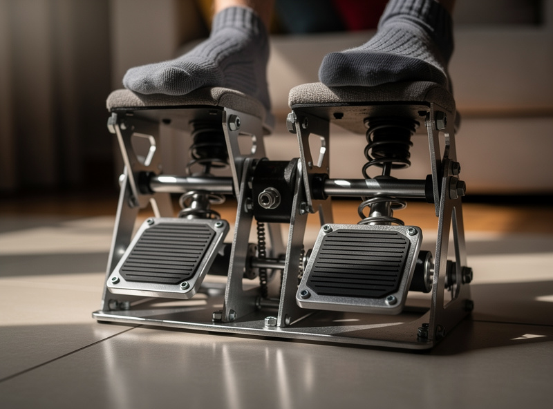 Close-up of flight sim rudder pedals showing the rudder axis and toe brakes