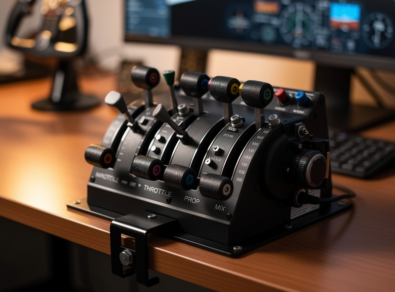Multi-engine throttle quadrant with detented levers mounted on a desk