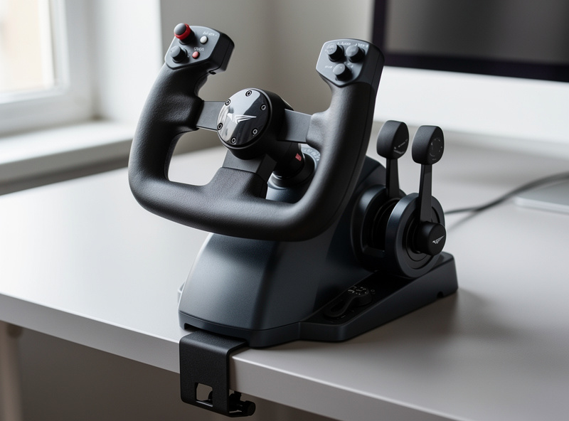 An entry-level flight sim yoke clamped to the edge of a desk with integrated throttle levers