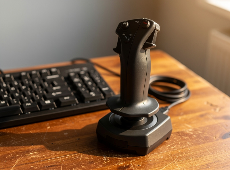 A budget flight sim joystick standing on a desk beside a keyboard, with a twist-rudder grip