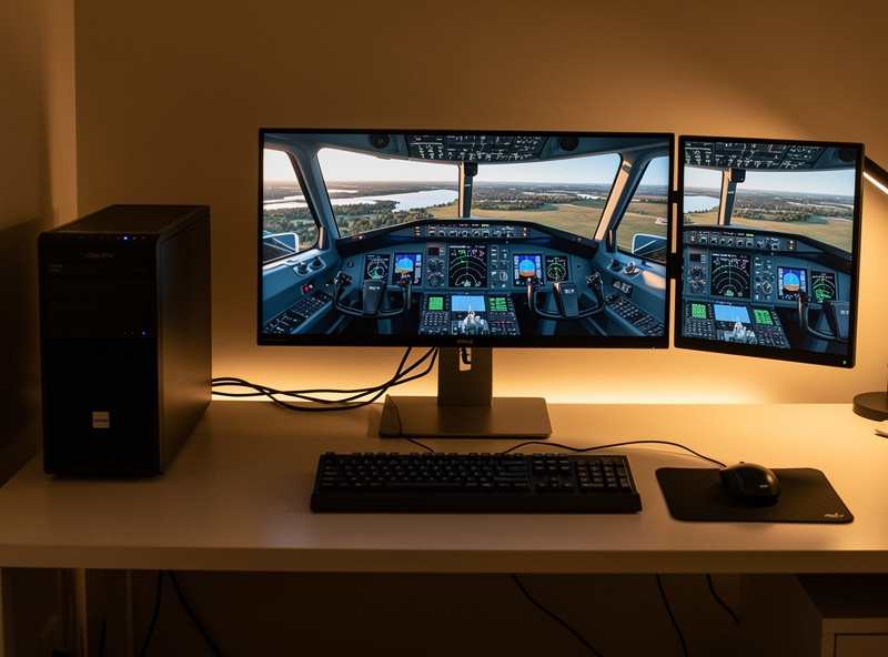 A flight simulator running with only a keyboard and mouse in front of triple monitors