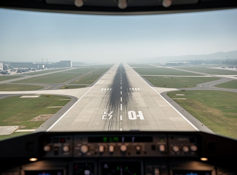 Cockpit view on short final to a runway in a crosswind, nose slightly yawed