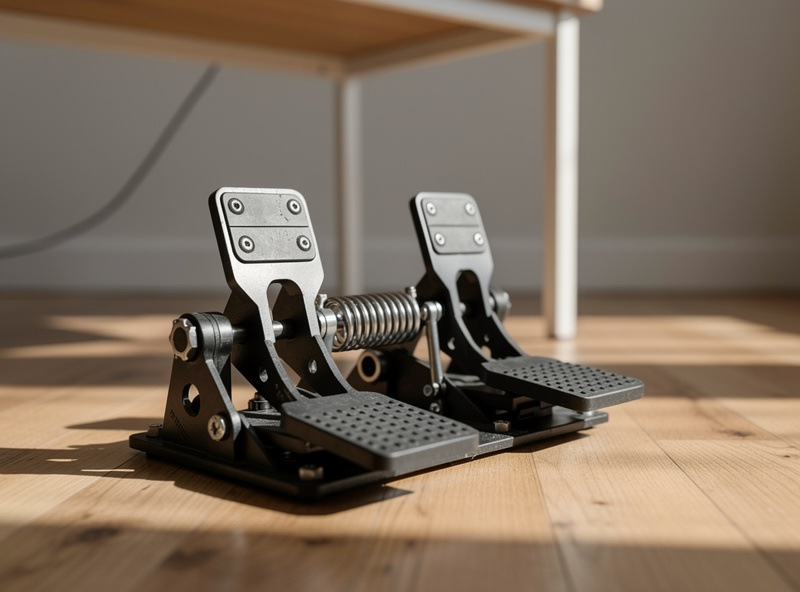 A pair of basic spring-loaded flight sim rudder pedals on the floor under a desk