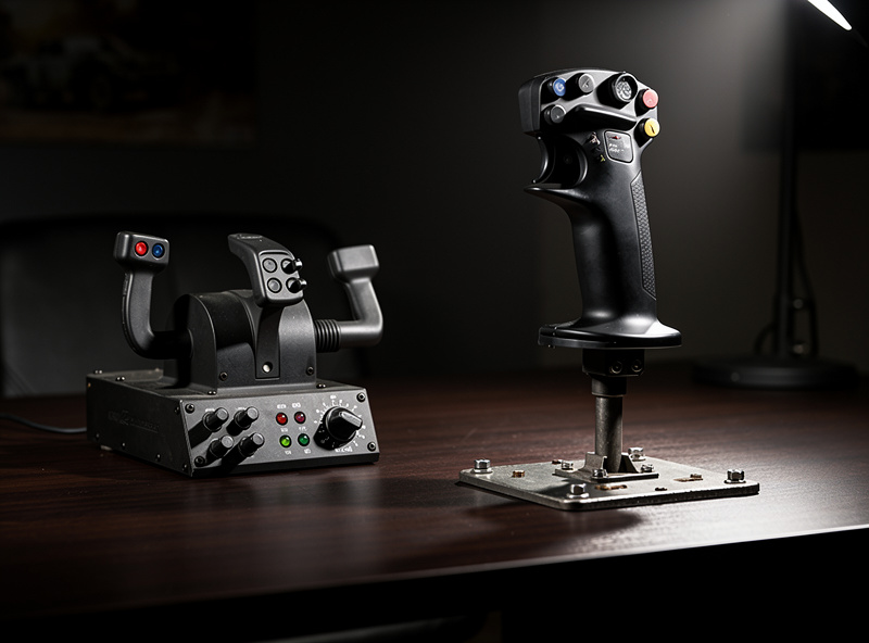 A flight sim HOTAS setup with a joystick and separate throttle unit on a desk
