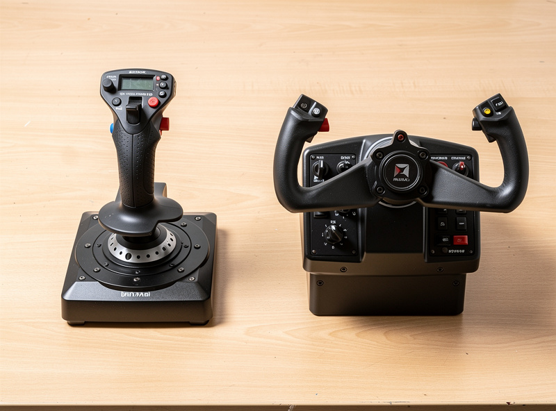 A flight sim joystick and a flight yoke placed side by side for comparison