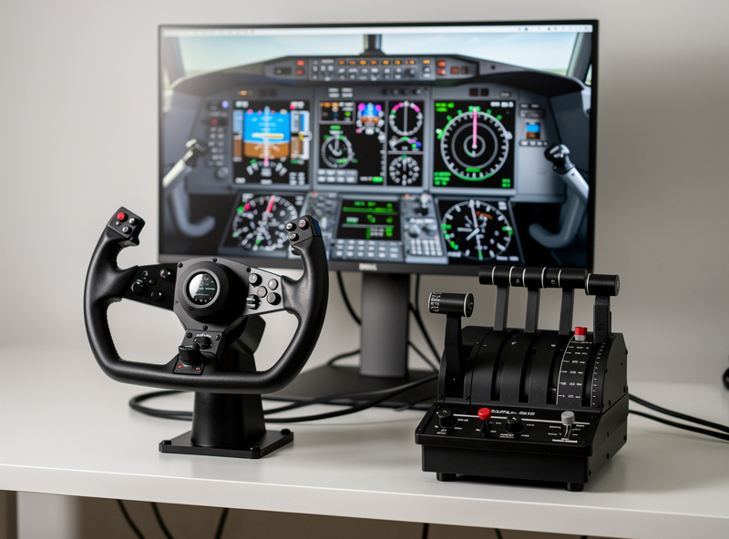 A flight sim yoke and throttle quadrant set up for airliner flying with a glass cockpit on screen