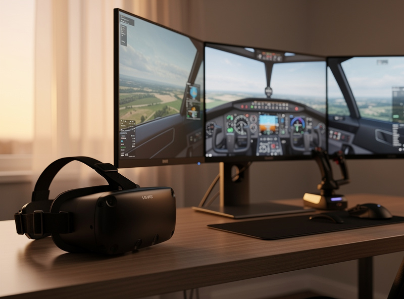 A VR headset resting on a desk next to a triple-monitor flight sim setup