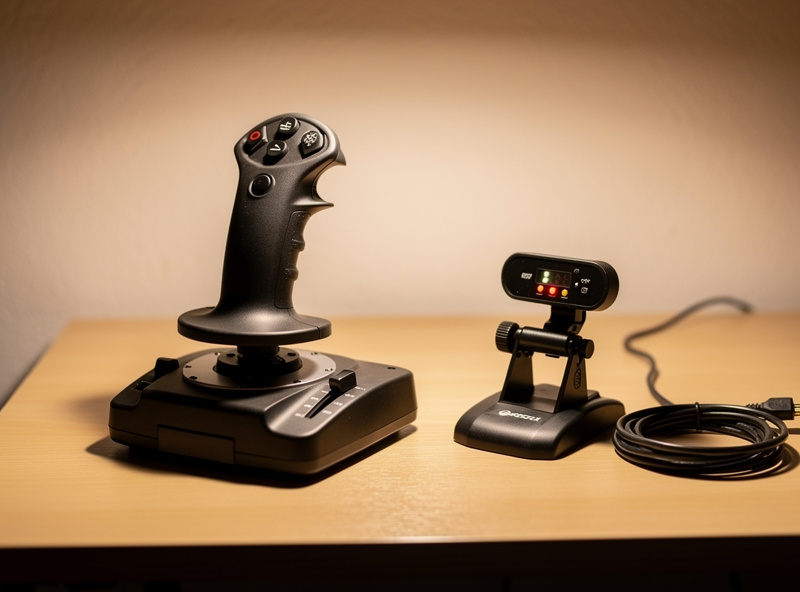 An affordable flight sim starter kit with a basic joystick and a small head-tracking clip on a desk