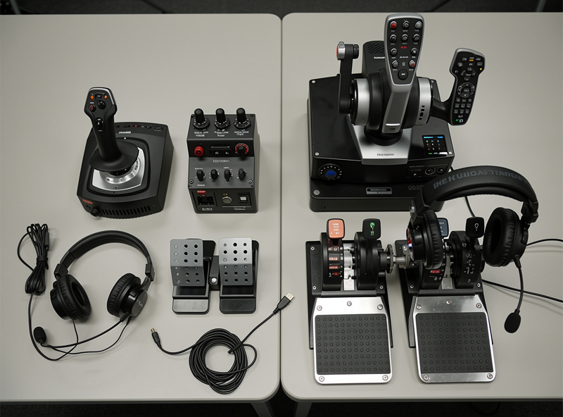 Two flight sim hardware bundles laid out for comparison, a small budget pile and a larger premium pile