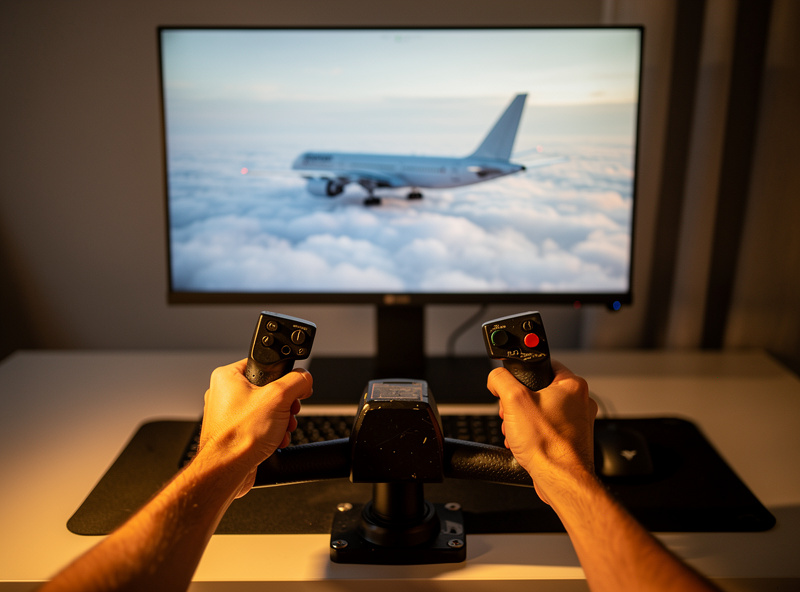 Hands resting calmly on a single flight yoke in front of a monitor showing a long-haul cruise over clouds