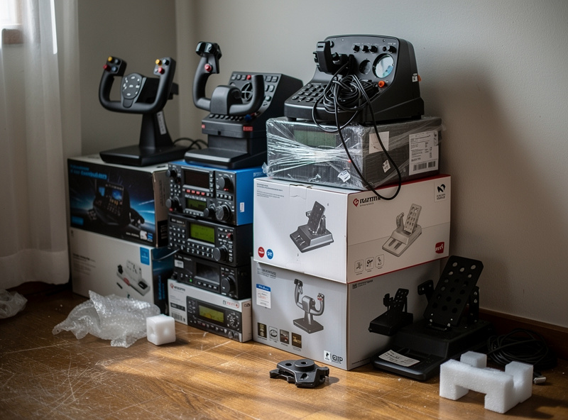 A pile of barely-used flight sim hardware boxes stacked in a corner of a room
