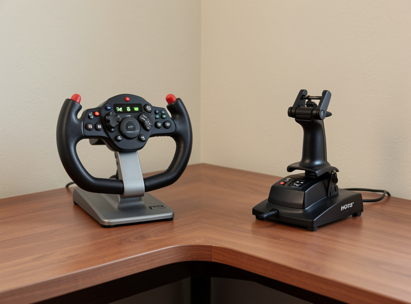 A home flight sim deck with a yoke mounted on the left and a HOTAS stick on the right, ready for a controller comparison