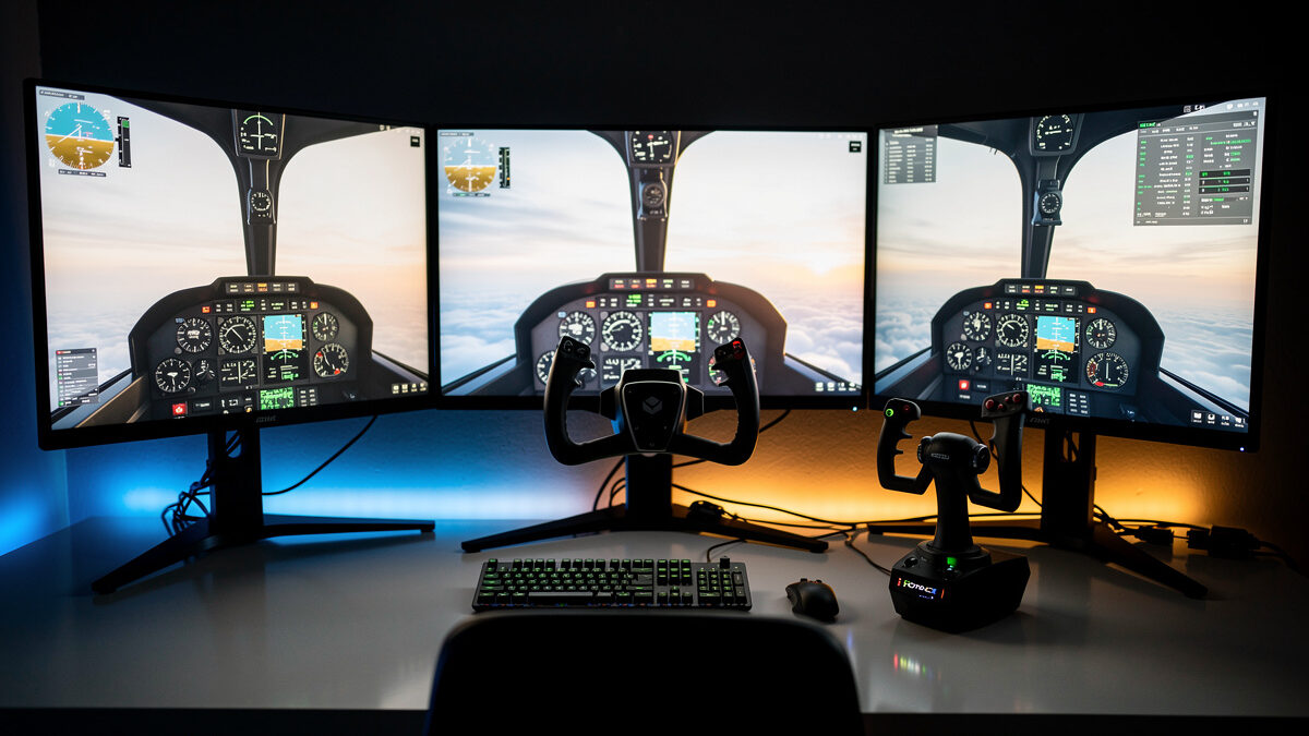 Yoke and stick controllers side by side on a home flight sim deck for the aircraft-type comparison