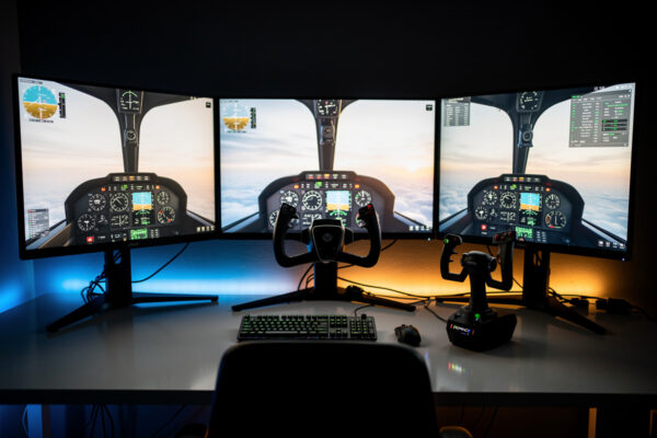 Yoke and stick controllers side by side on a home flight sim deck for the aircraft-type comparison