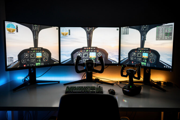 Yoke and stick controllers side by side on a home flight sim deck for the aircraft-type comparison