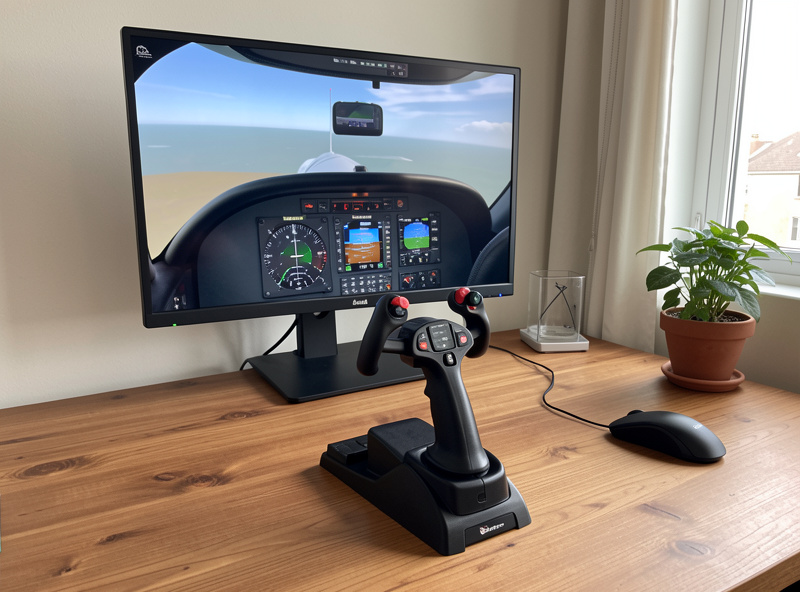 A control yoke mounted to a desk in front of a monitor showing MSFS 2024 with a Cessna cockpit