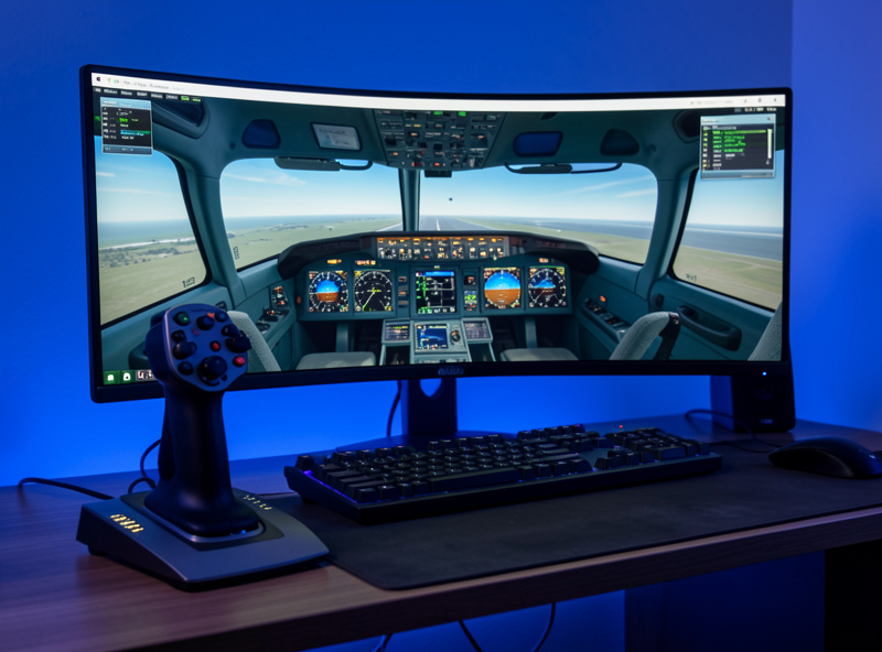 A HOTAS stick set up next to a monitor displaying an Airbus glass cockpit in a home flight sim