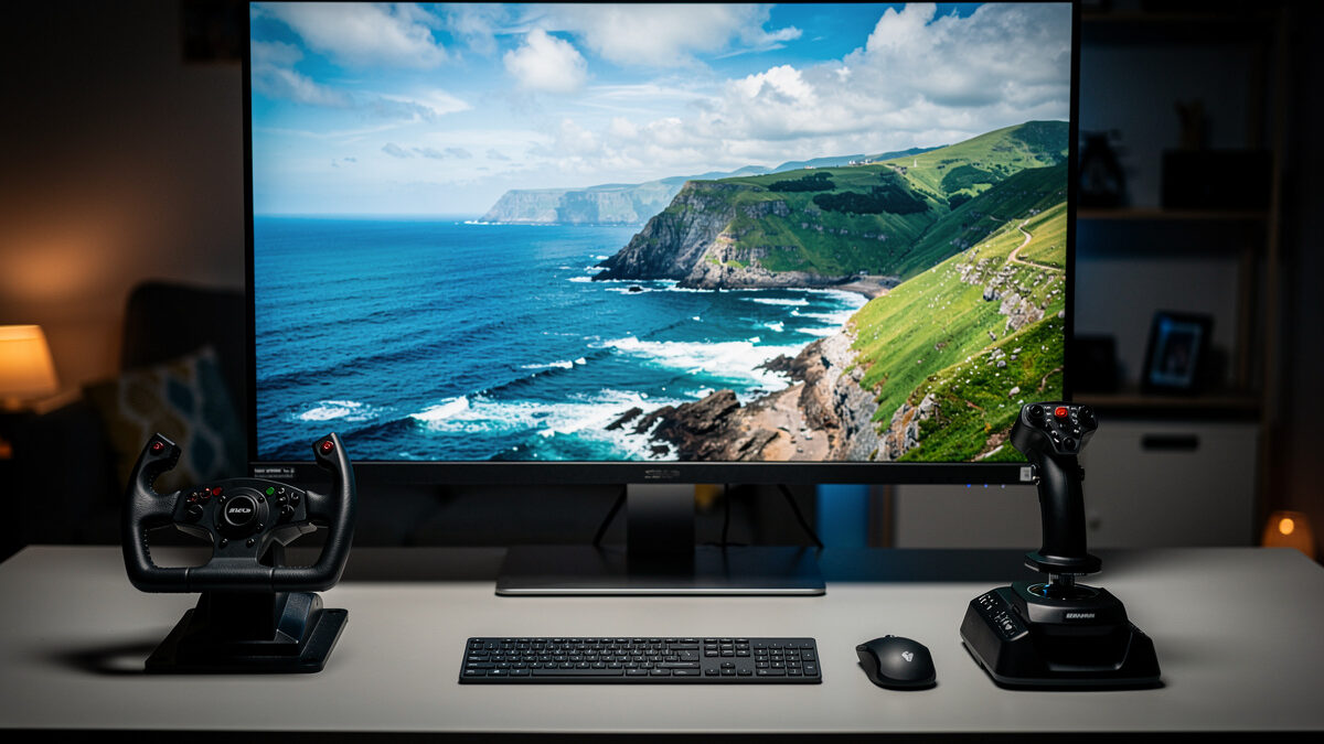 Logitech G yoke mounted in front of an MSFS 2024 Cessna cockpit on a home sim deck