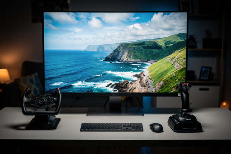Logitech G yoke mounted in front of an MSFS 2024 Cessna cockpit on a home sim deck