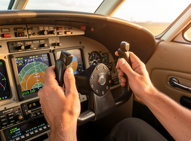 Hands lightly resting on a flight sim yoke near neutral position, a trimmed-cruise grip, in front of a GA cockpit display