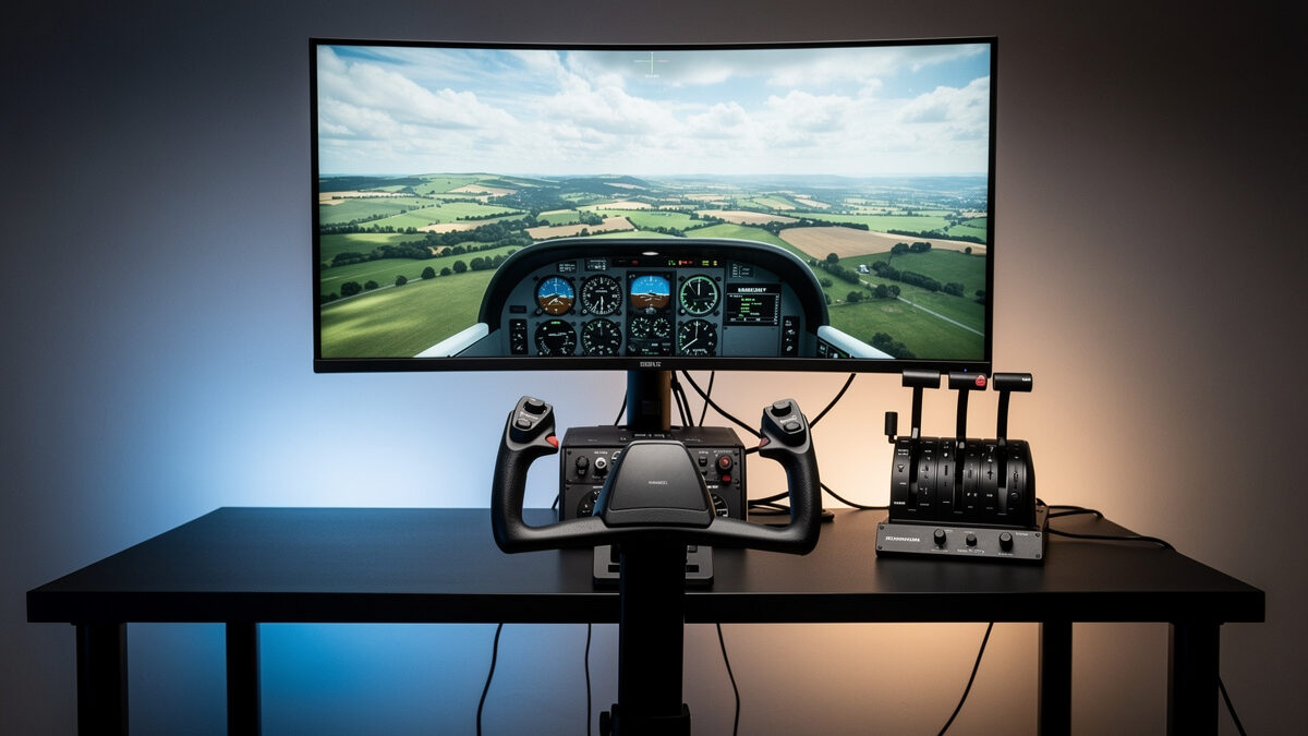 A flight sim yoke at near-neutral cruise position showing the long fore-and-aft travel GA aircraft need