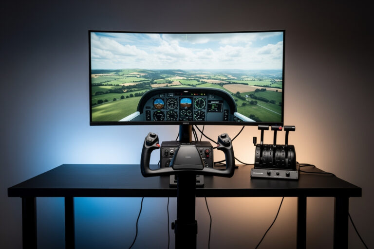 A flight sim yoke at near-neutral cruise position showing the long fore-and-aft travel GA aircraft need