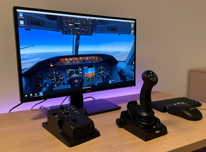 A side-mounted flight sim stick beside a monitor showing an Airbus glass cockpit with flight mode annunciations