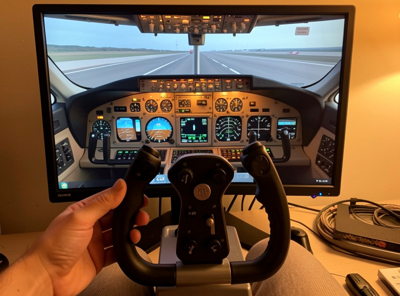 A flight sim yoke set up in front of a Boeing-style airliner cockpit display, showing the conventional control column choice