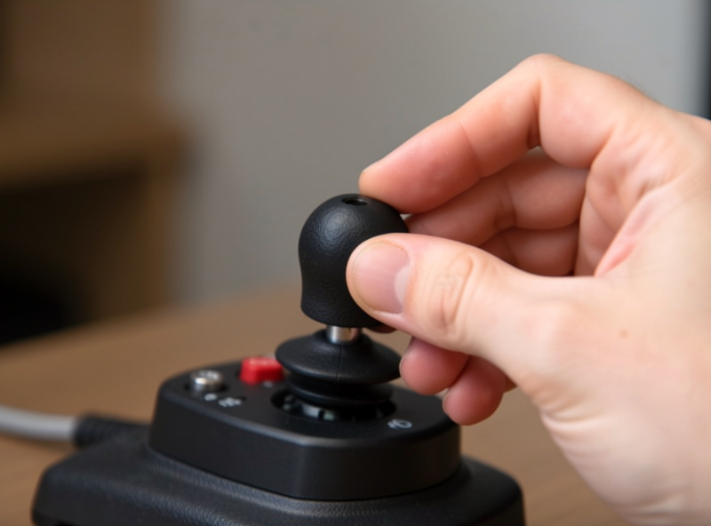 A pilot's hand making a small input on a side-mounted flight sim stick, demonstrating the brief centre-and-hold technique for fly-by-wire